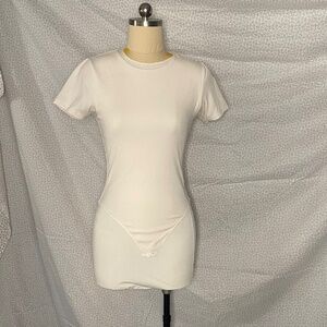 White Ribbed Tee Shirt Short Sleeve Bottom Buttons Bodycon Suit Lined Stretchy